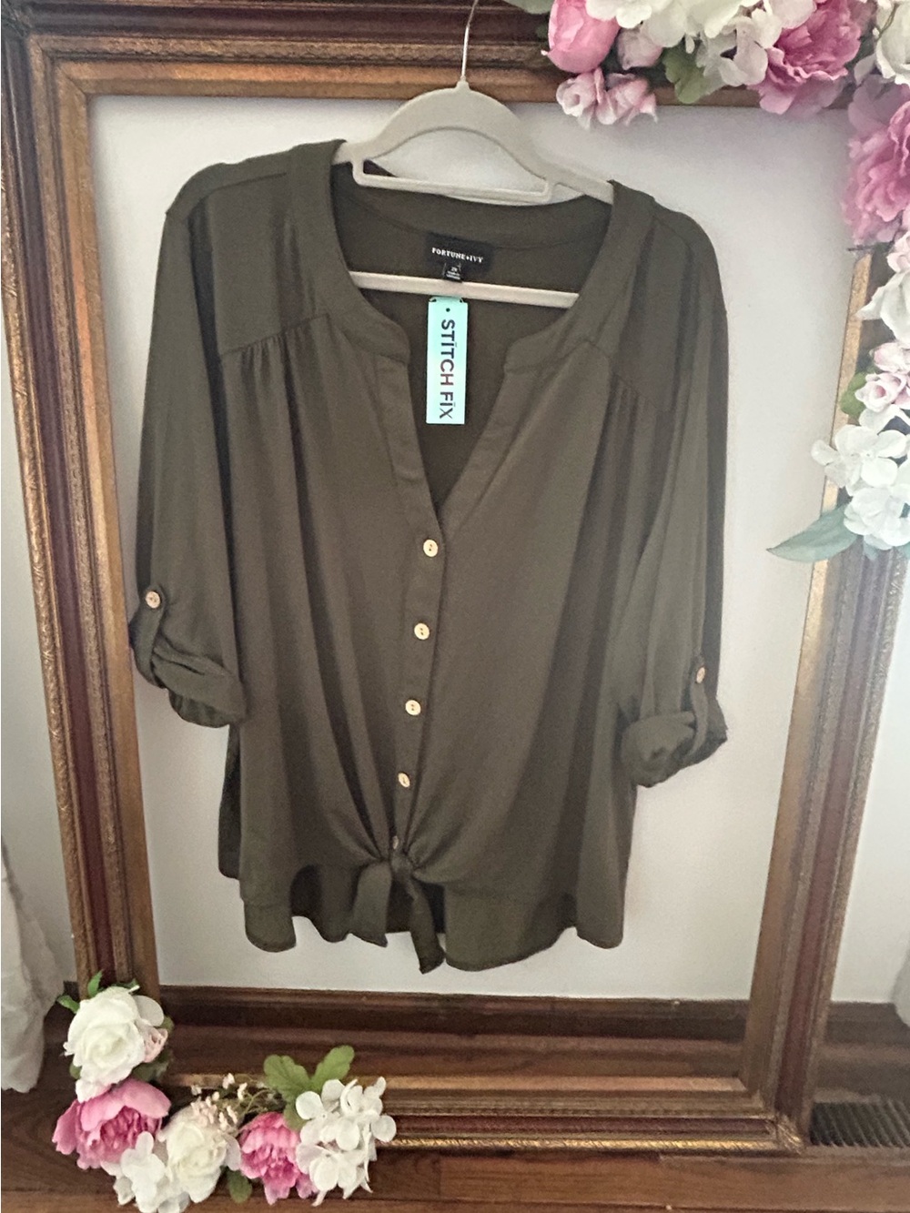 Button-Front Olive Tie-Hem Blouse by Papermoon